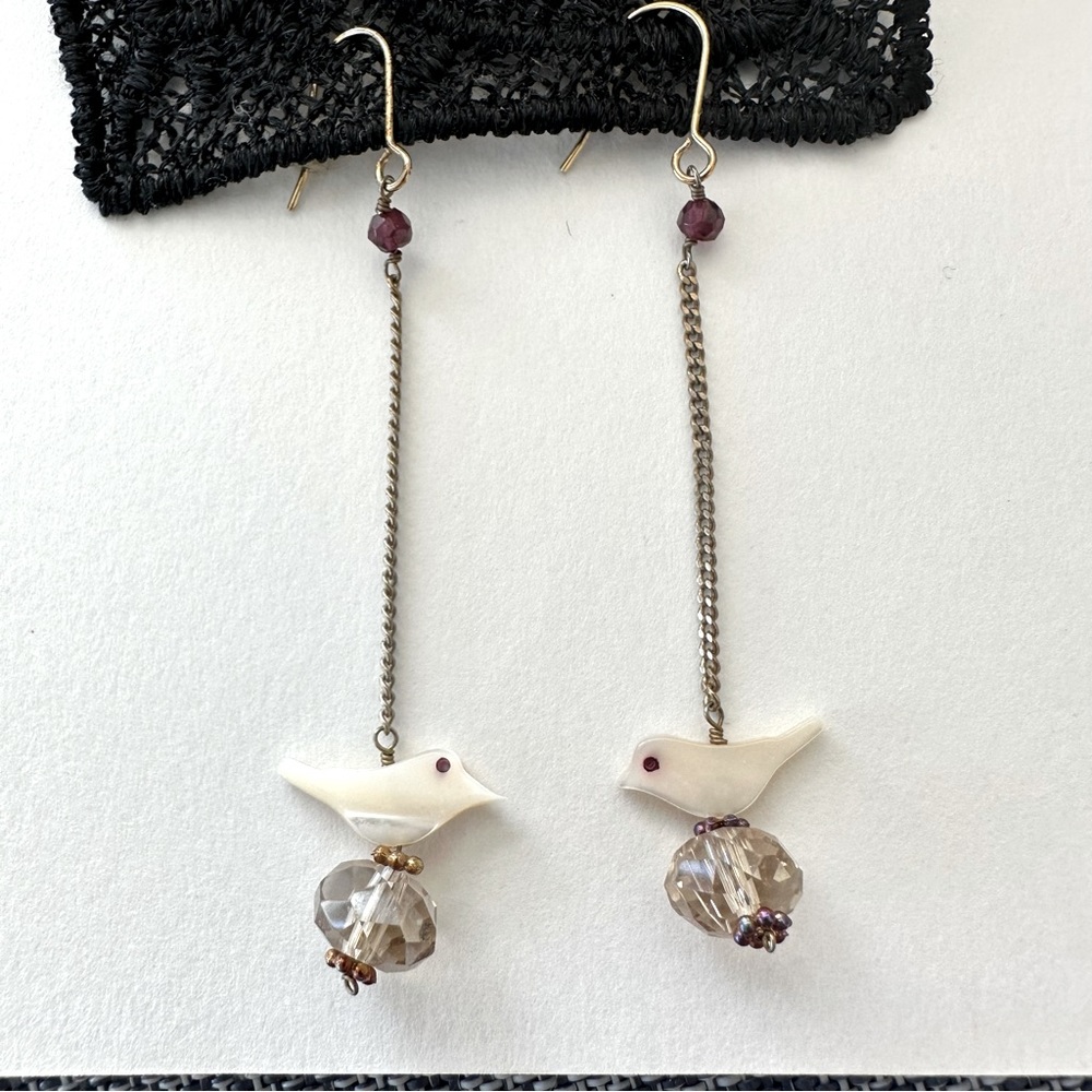 Bird Dangle delicate dainty earrings. Ivory dove, purple/gray stone, gold chain
